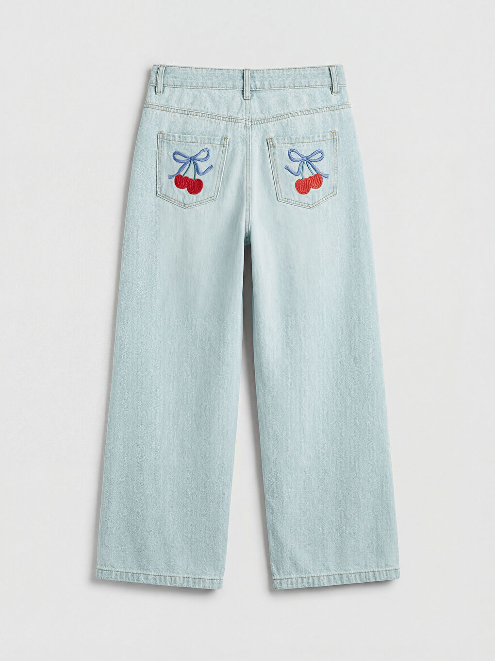 İndigo Wideleg Nakışlı Kız Çocuk Jean Pantolon-1