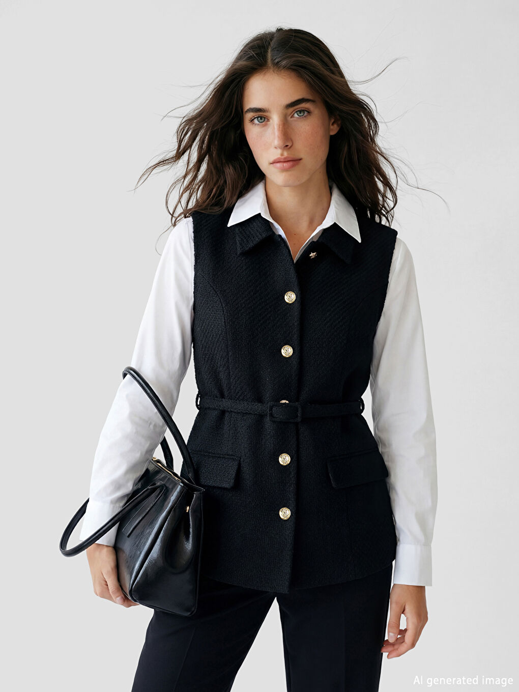 Siyah Gömlek Yaka Kadın Tüvit Klasik Yelek