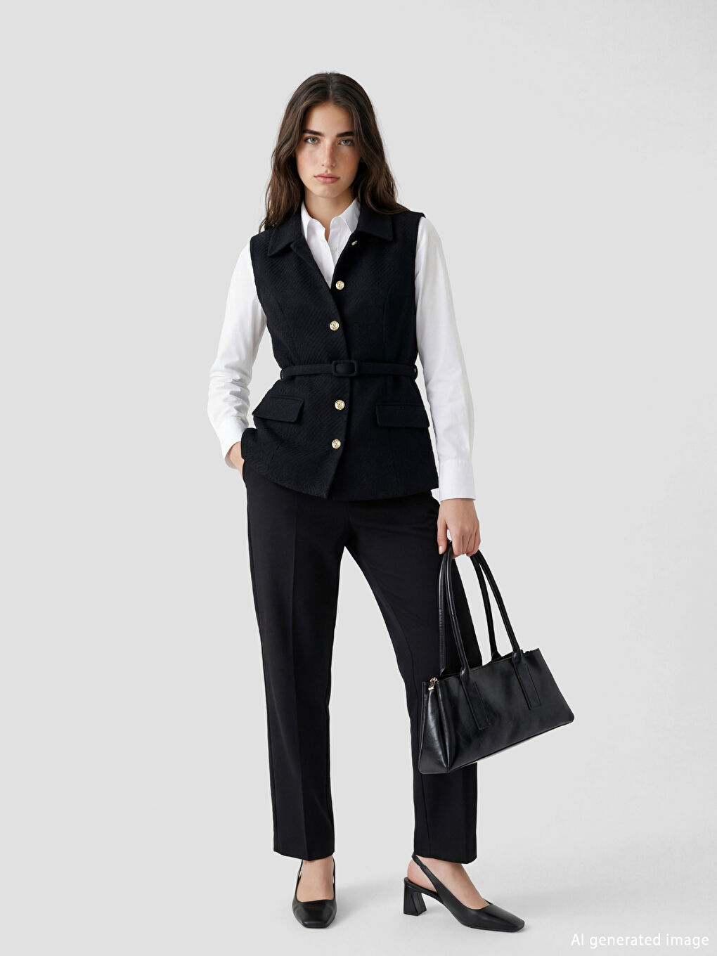 Siyah Gömlek Yaka Kadın Tüvit Klasik Yelek-1