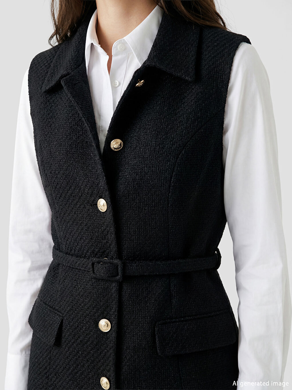 Siyah Gömlek Yaka Kadın Tüvit Klasik Yelek-2