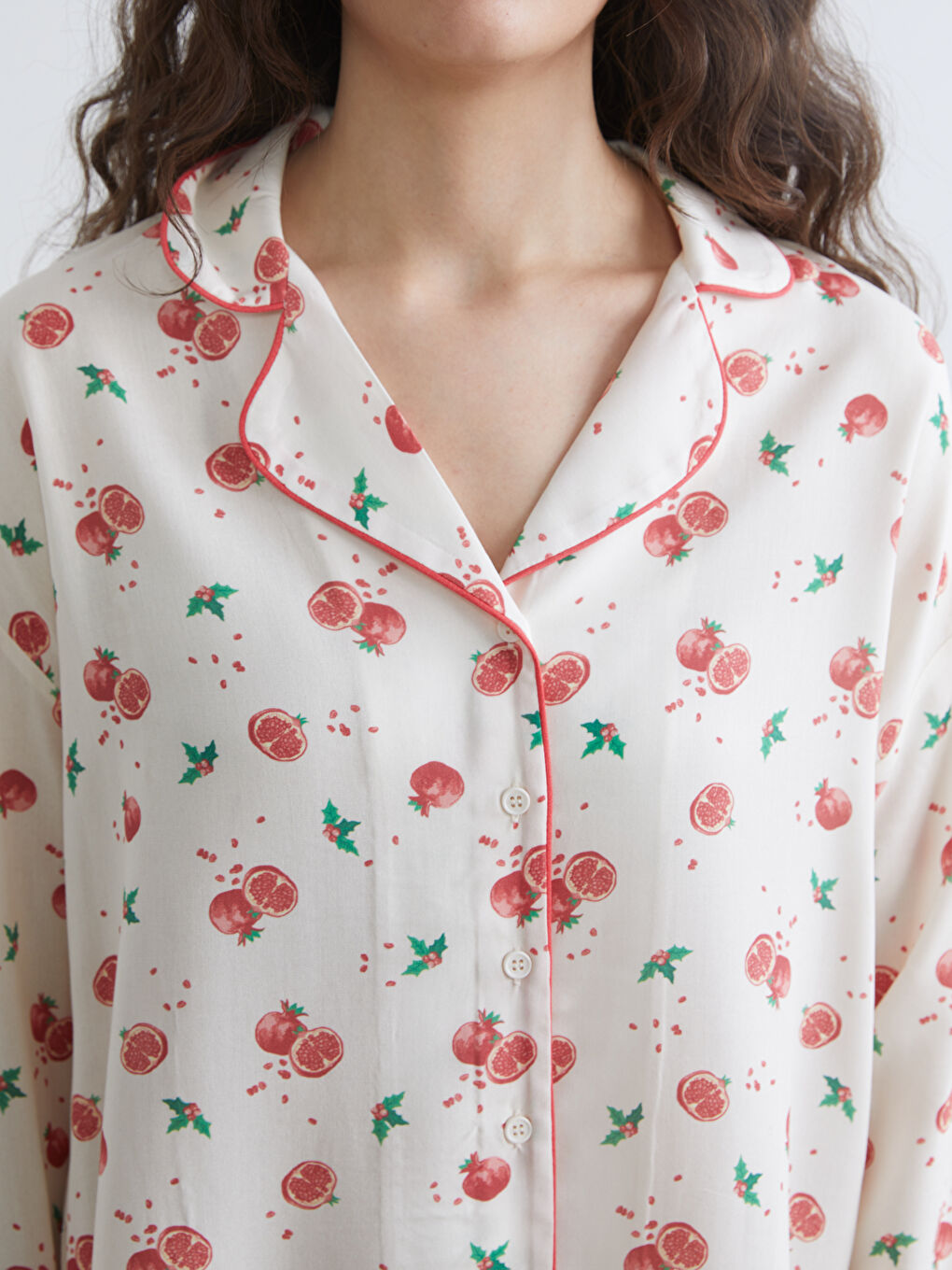 Ekru Gömlek Yaka Desenli Kadın Pijama Takım-2