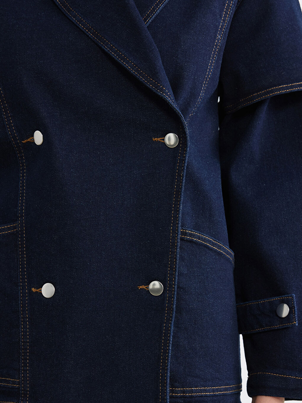 Lacivert Kruvaze Yaka Kadın Jean Ceket-5