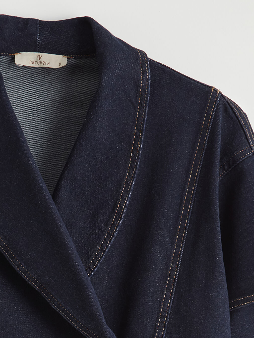 Lacivert Kruvaze Yaka Kadın Jean Ceket-1