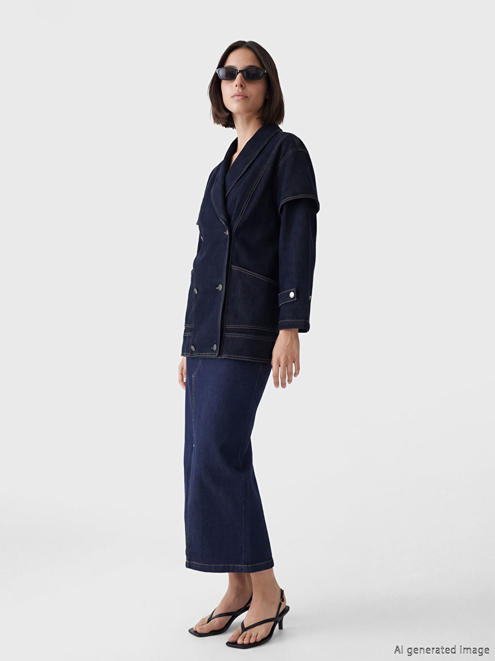 Lacivert Kruvaze Yaka Kadın Jean Ceket-2