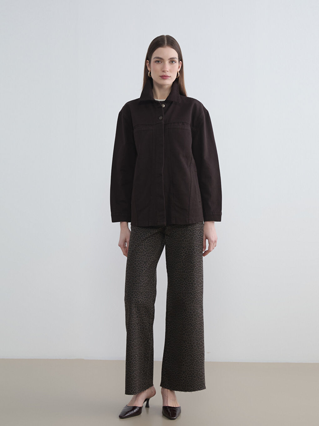 Kahverengi Wideleg Leopar Desenli Kadın Jean Pantolon