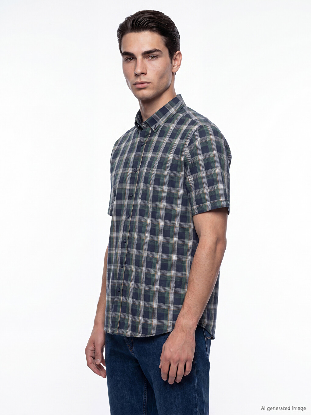 Yeşil Regular Fit Ekose Poplin Erkek Gömlek