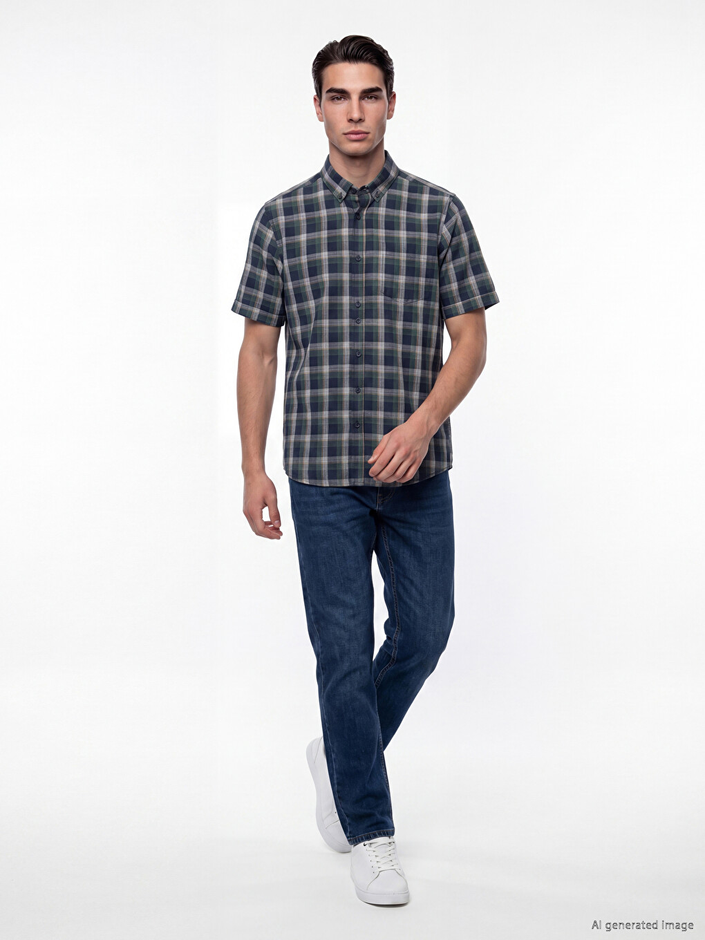 Yeşil Regular Fit Ekose Poplin Erkek Gömlek-1