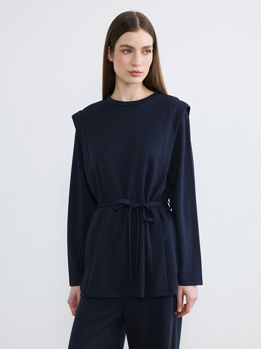 Lacivert Bisiklet Yaka Soft Touch Kadın Sweatshirt Tunik