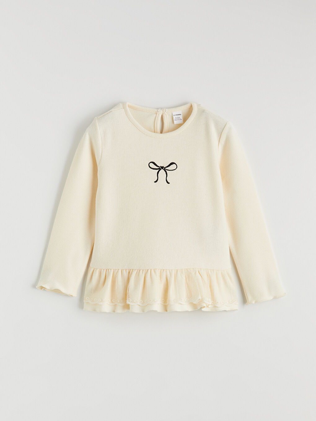 Bej Bisiklet Yaka Fiyonk Nakışlı Kız Çocuk Tişört