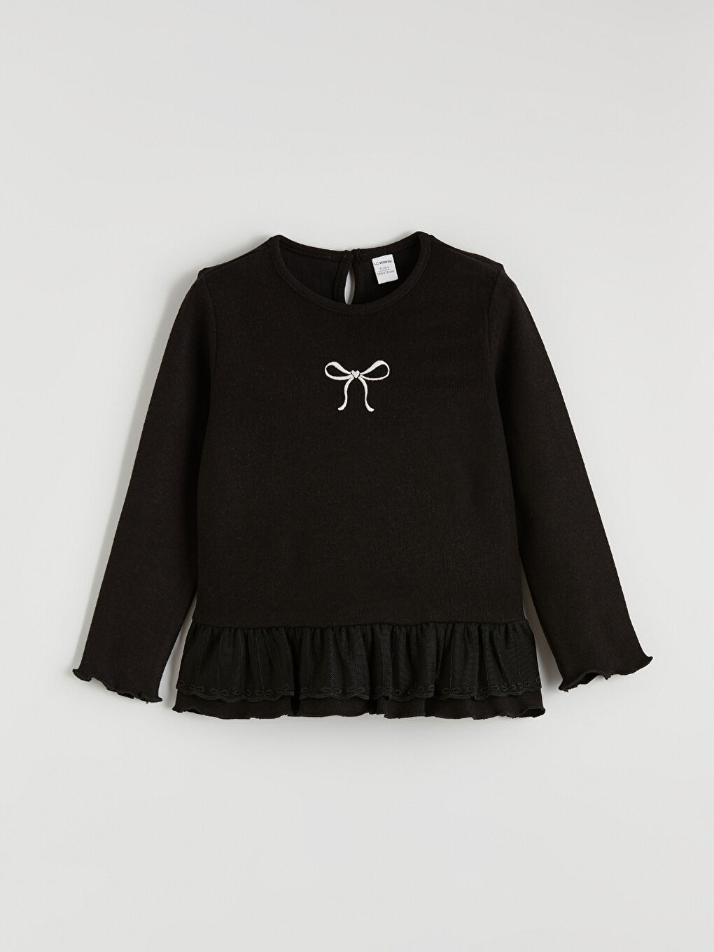 Siyah Bisiklet Yaka Fiyonk Nakışlı Kız Çocuk Tişört