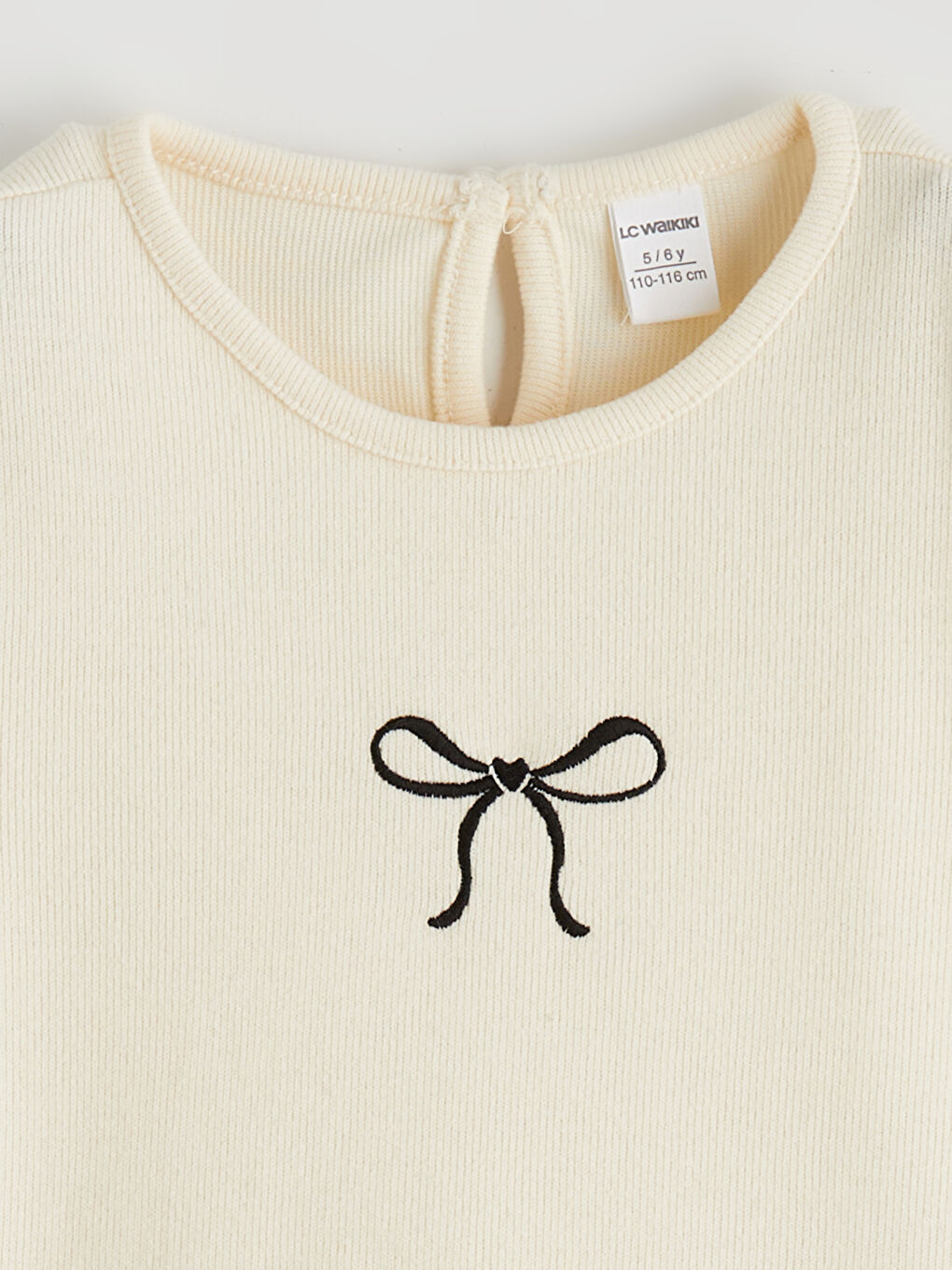 Bej Bisiklet Yaka Fiyonk Detaylı Kız Çocuk Tişört 2'li-2