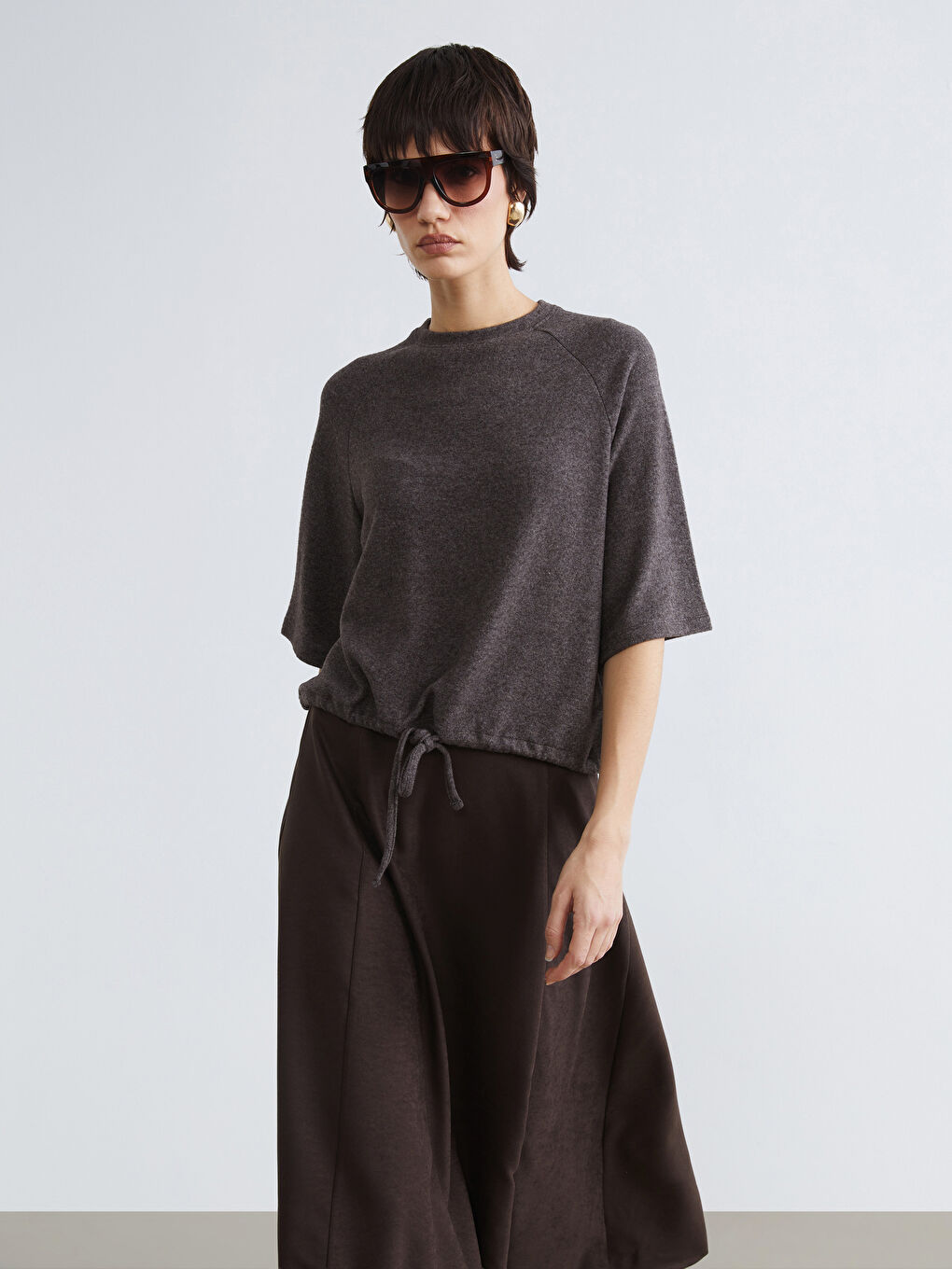 Women's Knit Sweater with Round Neck and Drawstring Waist