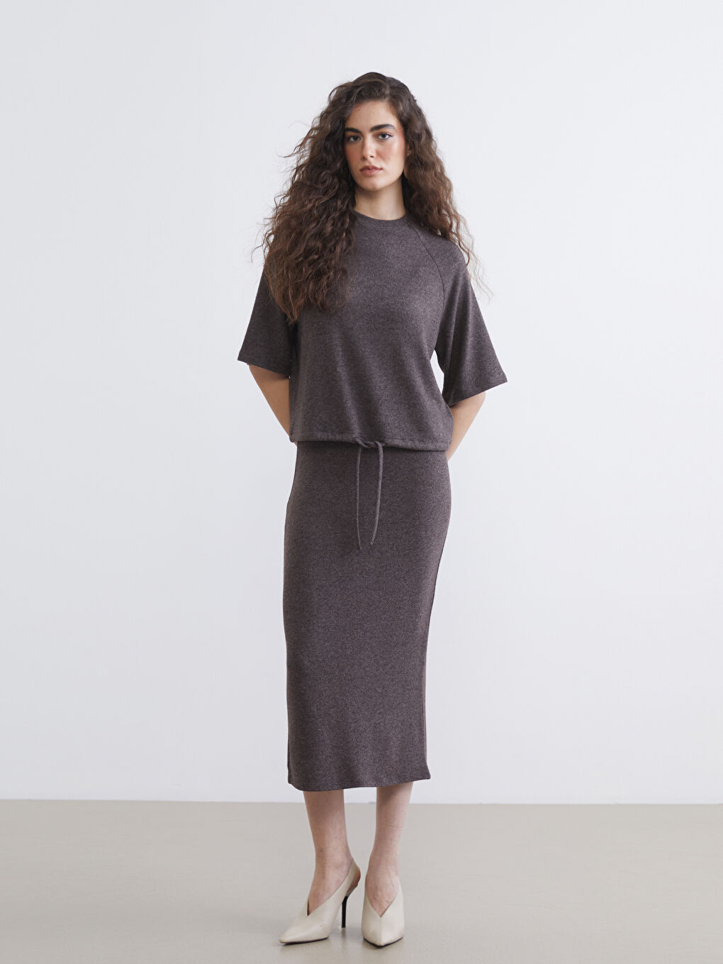 Women's Knit Sweater with Round Neck and Drawstring Waist-2