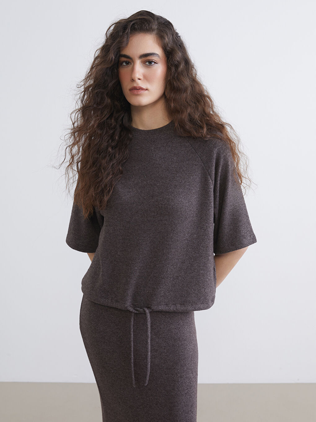 Women's Knit Sweater with Round Neck and Drawstring Waist-4