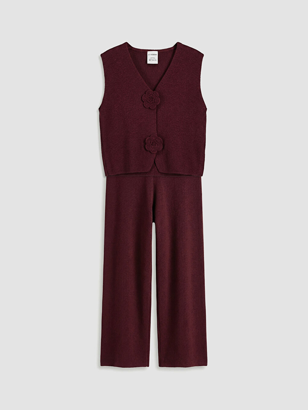 Bordo Çiçekli Düğmeli Kız Çocuk Triko Yelekli Takım