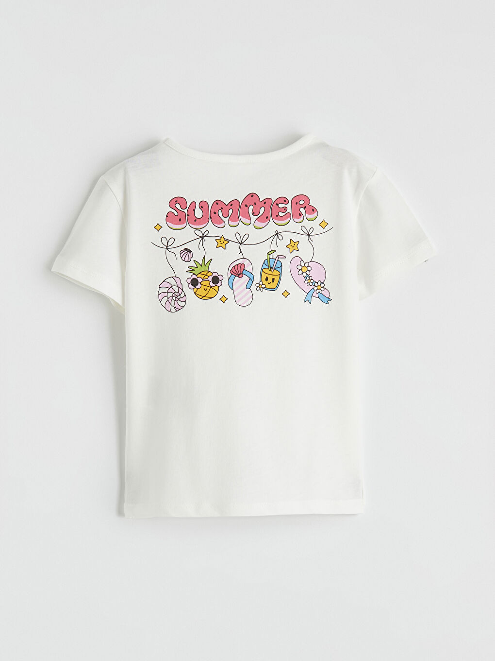 Beyaz Bisiklet Yaka Kız Çocuk Tişört	-3