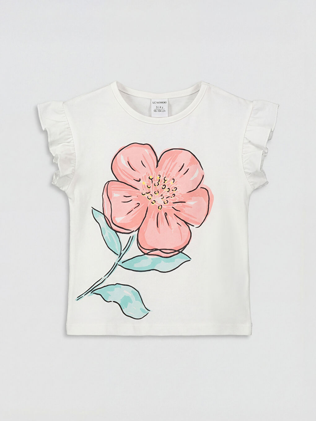 Beyaz Bisiklet Yaka Baskılı Kız Çocuk Fırfırlı Tişört