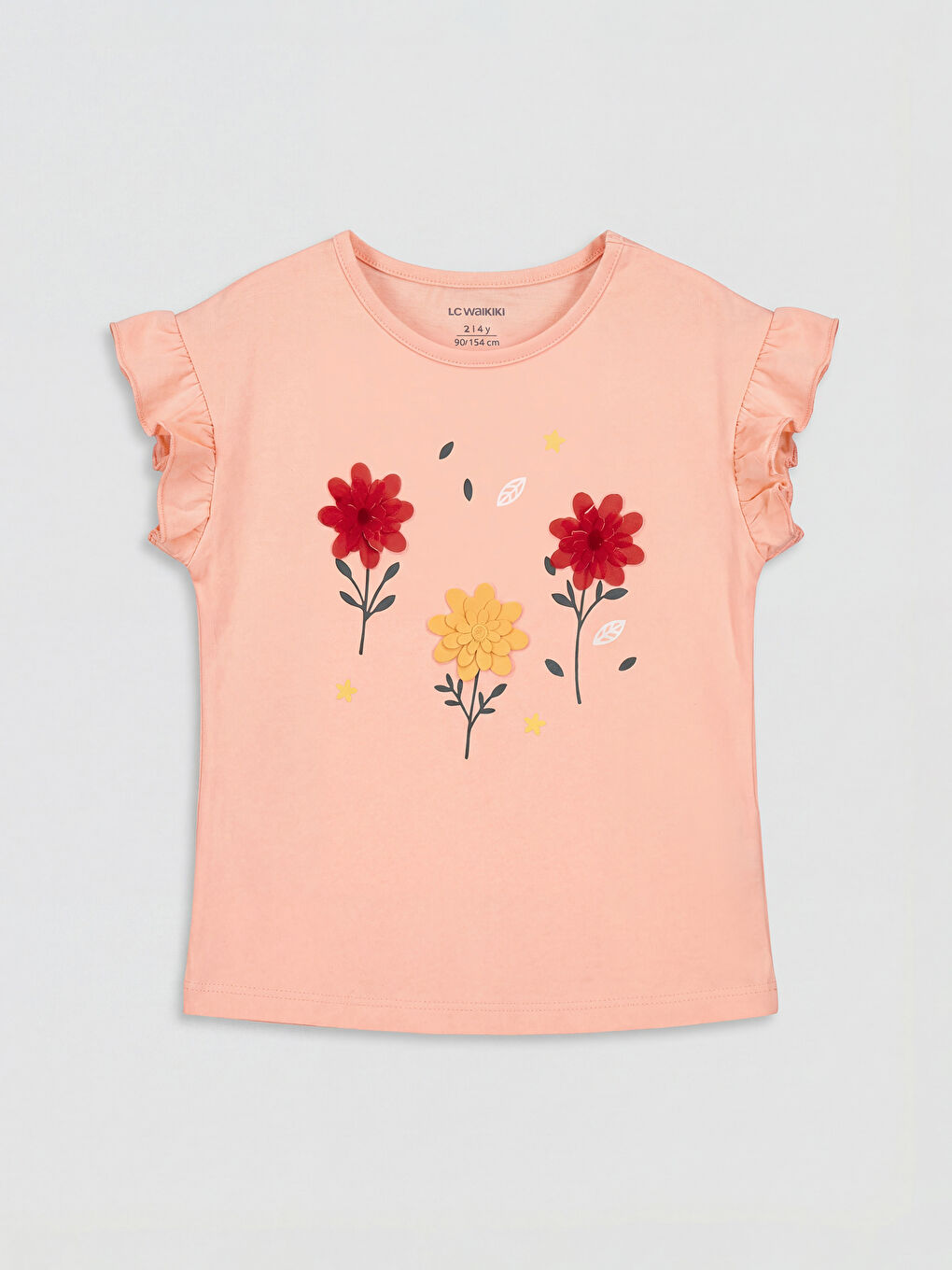 Pembe Bisiklet Yaka Baskılı Kız Çocuk Fırfırlı Tişört