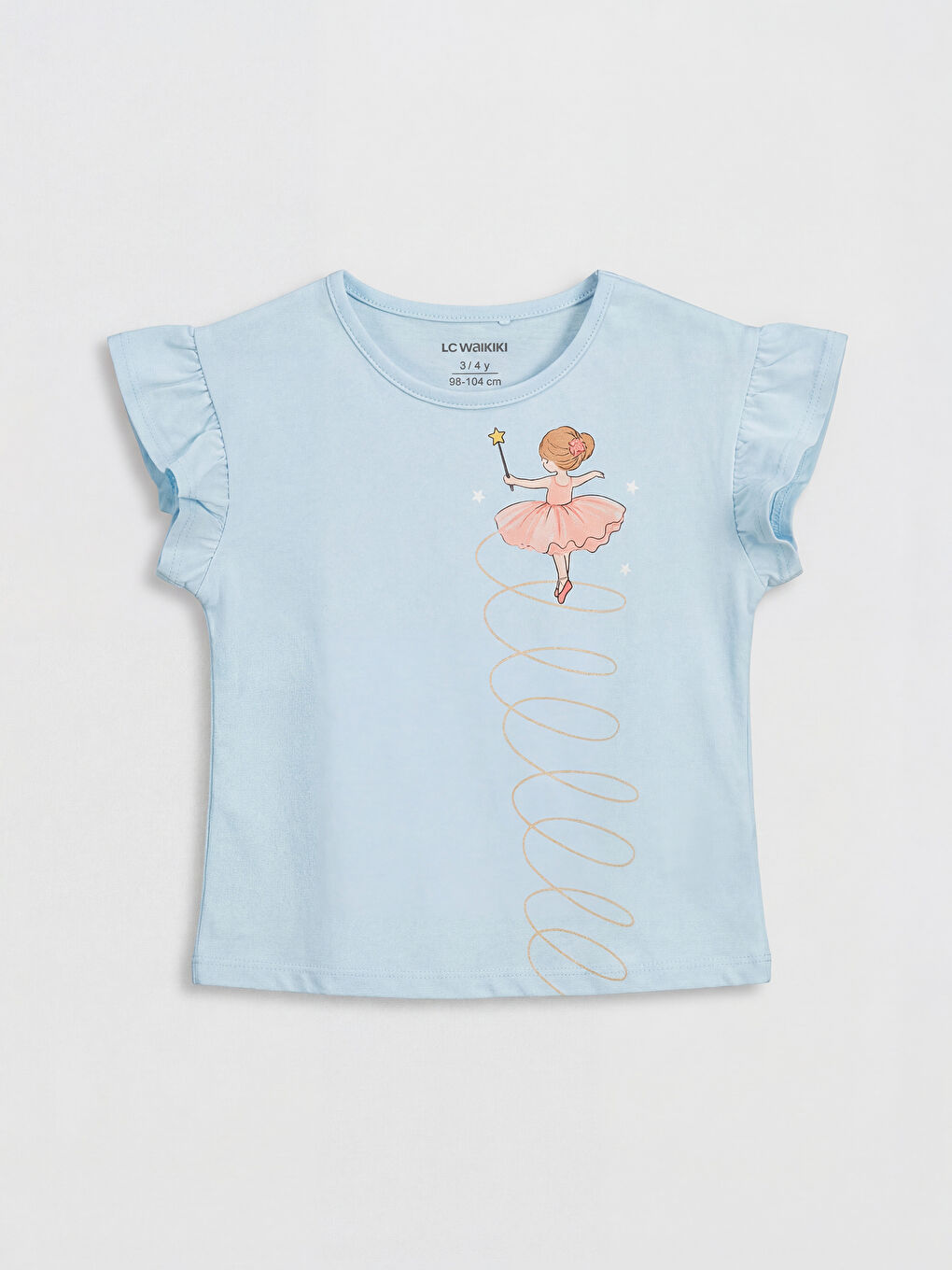Mavi Bisiklet Yaka Baskılı Kız Çocuk Fırfırlı Tişört