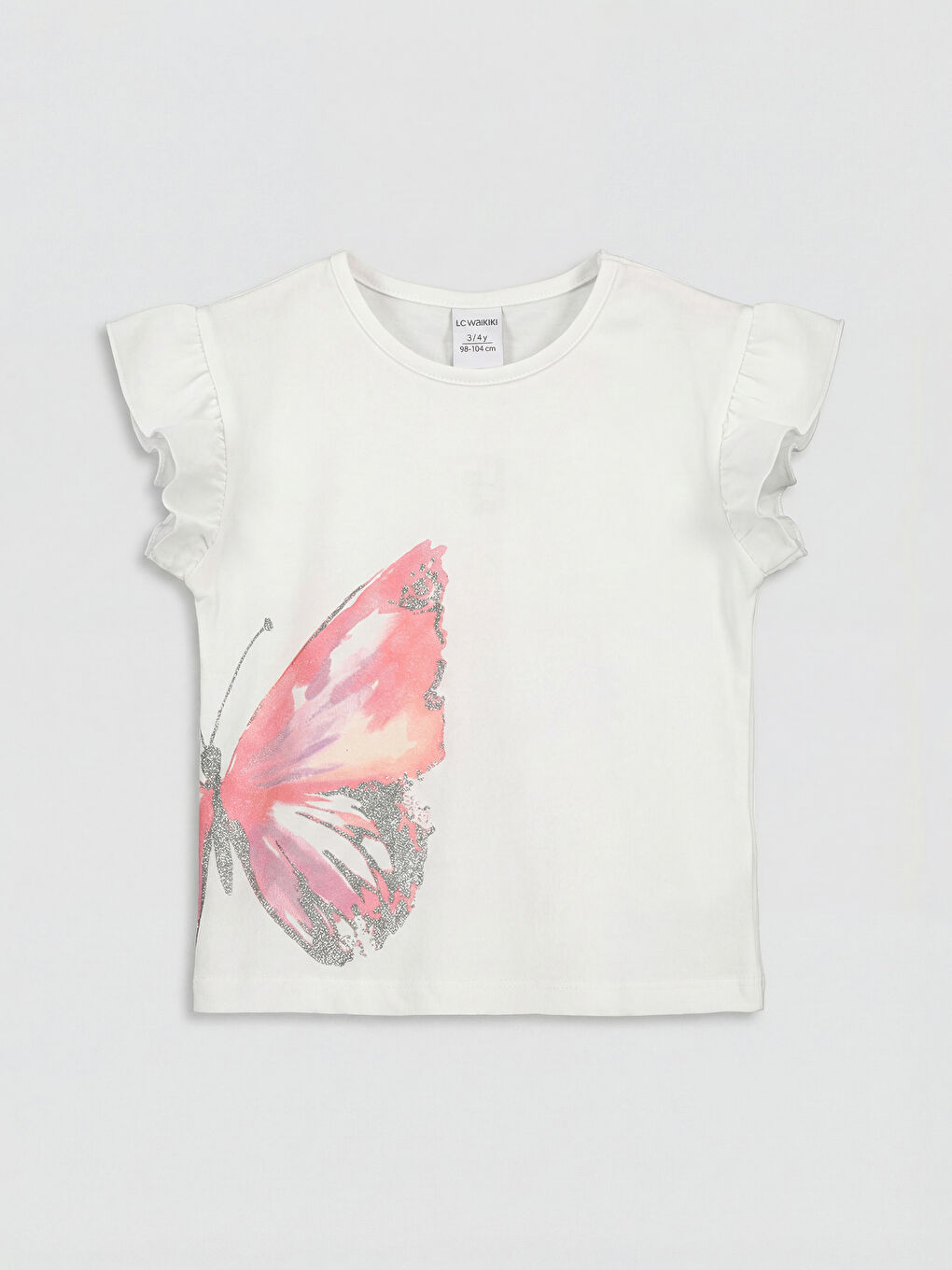 Beyaz Bisiklet Yaka Baskılı Kız Çocuk Fırfırlı Tişört