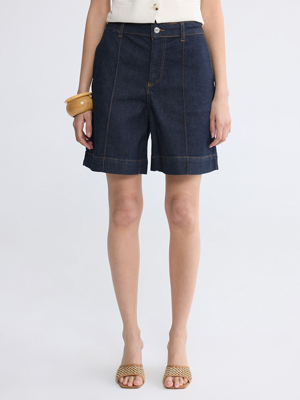 İndigo Yüksek Bel Bermuda Fit Kadın Jean Şort-1