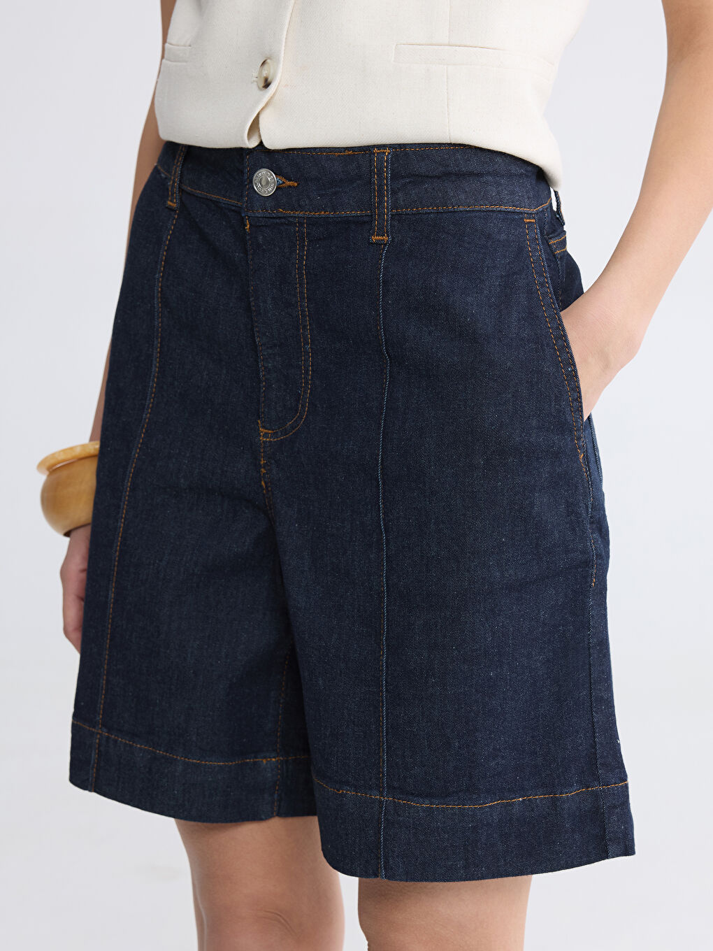 İndigo Yüksek Bel Bermuda Fit Kadın Jean Şort-2