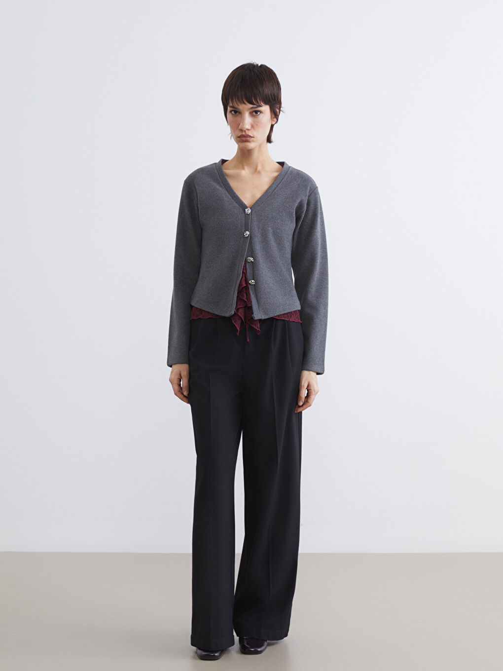 Antrasit V Yaka Kadın Triko Hırka-1