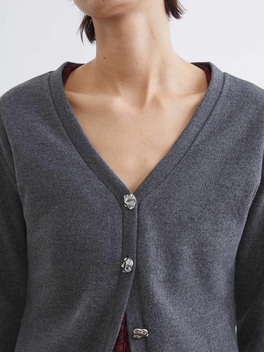 Antrasit V Yaka Kadın Triko Hırka-2