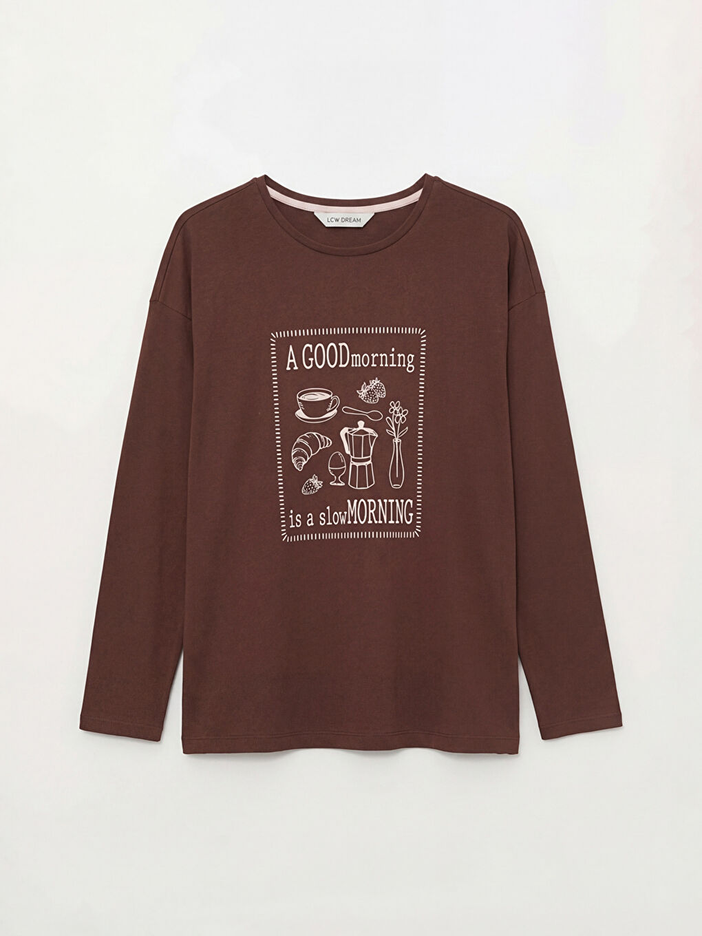 Kahverengi Bisiklet Yaka Baskılı Kadın Pijama Üstü