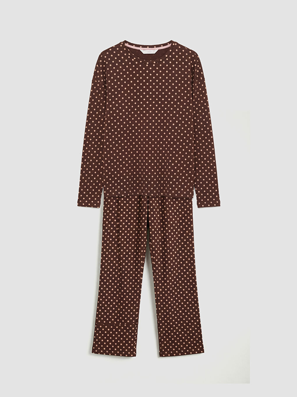 Kahverengi Bisiklet Yaka Puantiyeli Kadın Pijama Takımı