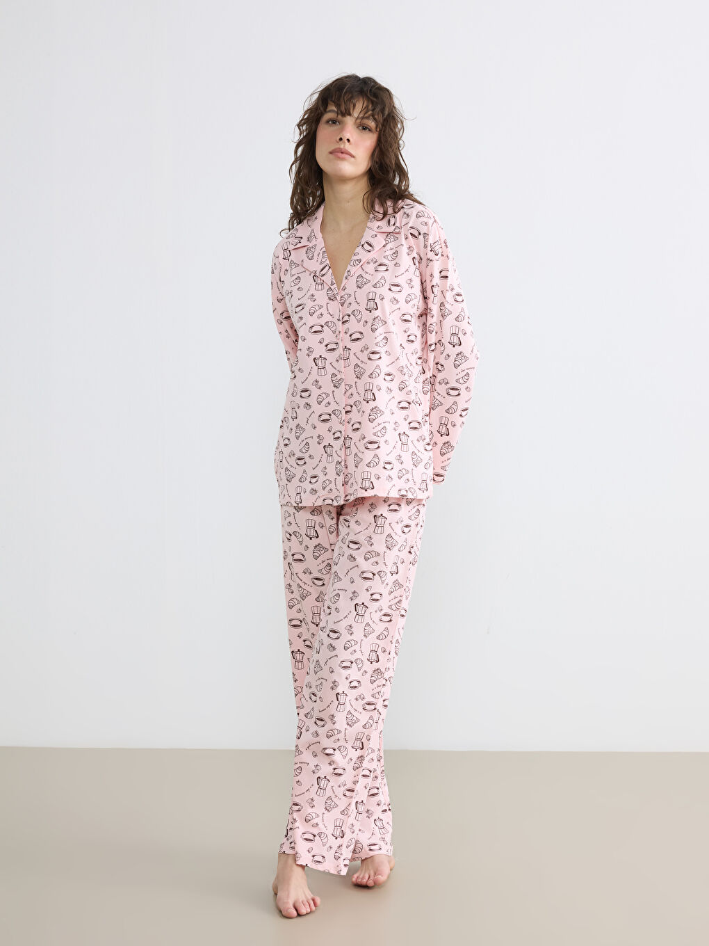 Women's Pajama Set with a Collared, Patterned Top