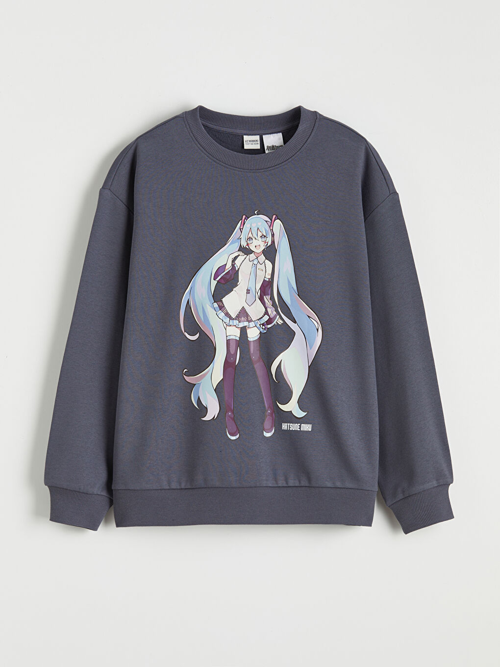 Antrasit Hatsune Miku Baskılı Kız Çocuk Kalın Sweatshirt