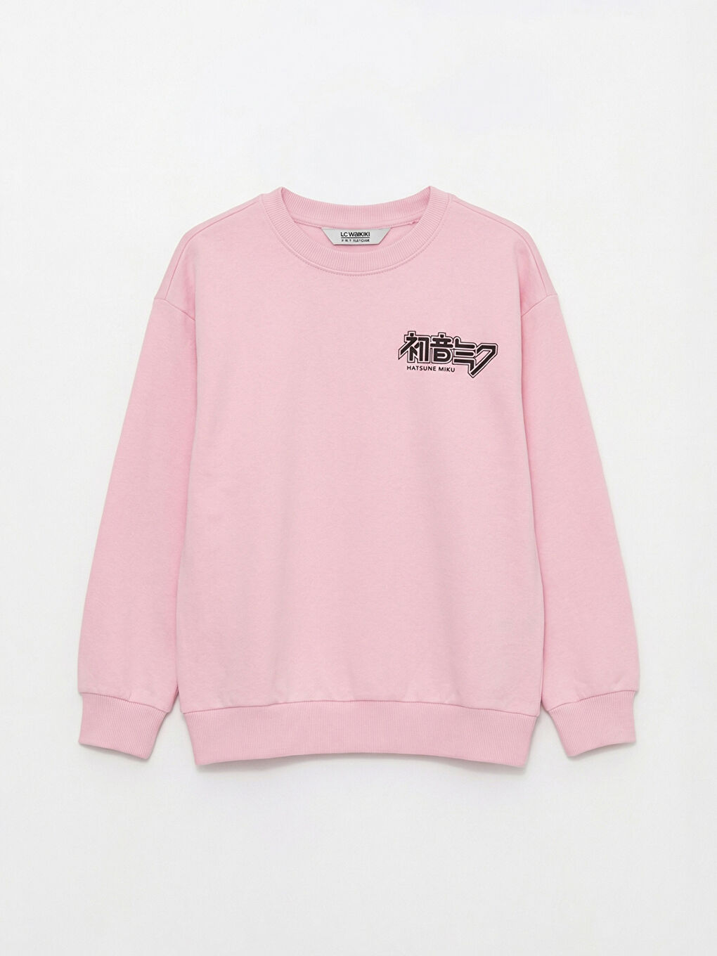 Pembe Bisiklet Yaka Hatsune Miku Baskılı Kız Çocuk Kalın Sweatshirt-1