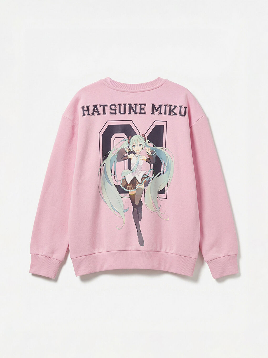 Pembe Bisiklet Yaka Hatsune Miku Baskılı Kız Çocuk Kalın Sweatshirt-2