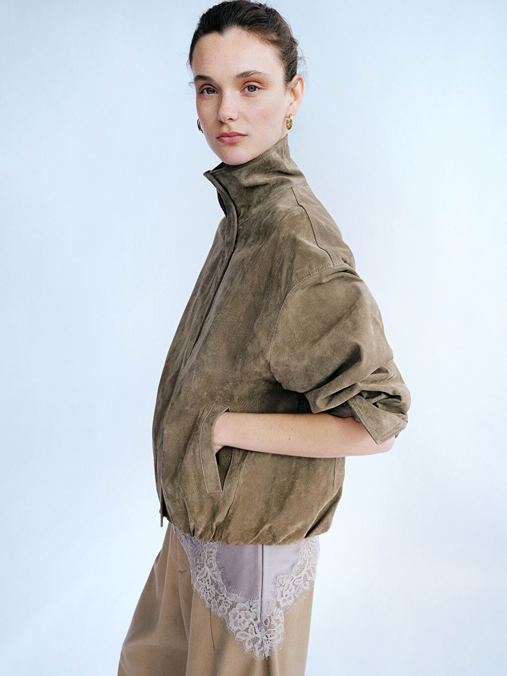 Bej Dik Yaka Oversize Kadın Süet Görünümlü Ceket-1