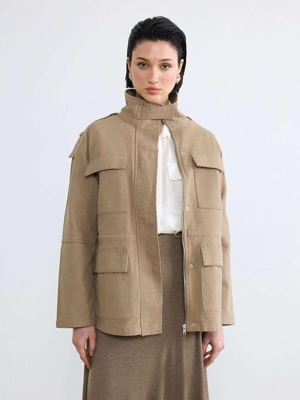 Haki Dik Yaka Kadın Gabardin Ceket-2