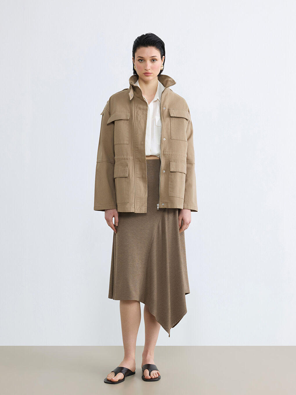 Haki Dik Yaka Kadın Gabardin Ceket-3