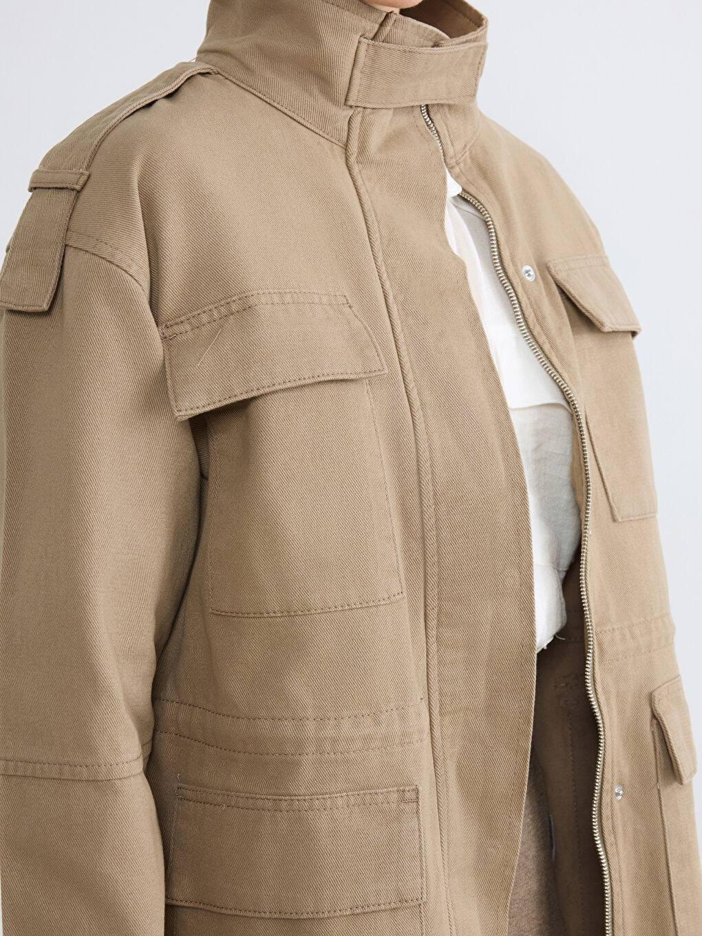 Haki Dik Yaka Kadın Gabardin Ceket-5