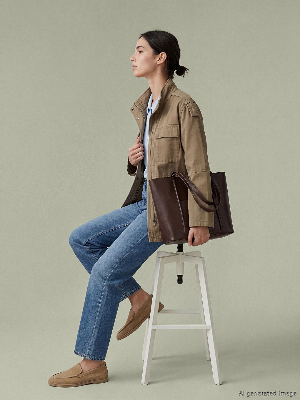 Haki Dik Yaka Kadın Gabardin Ceket