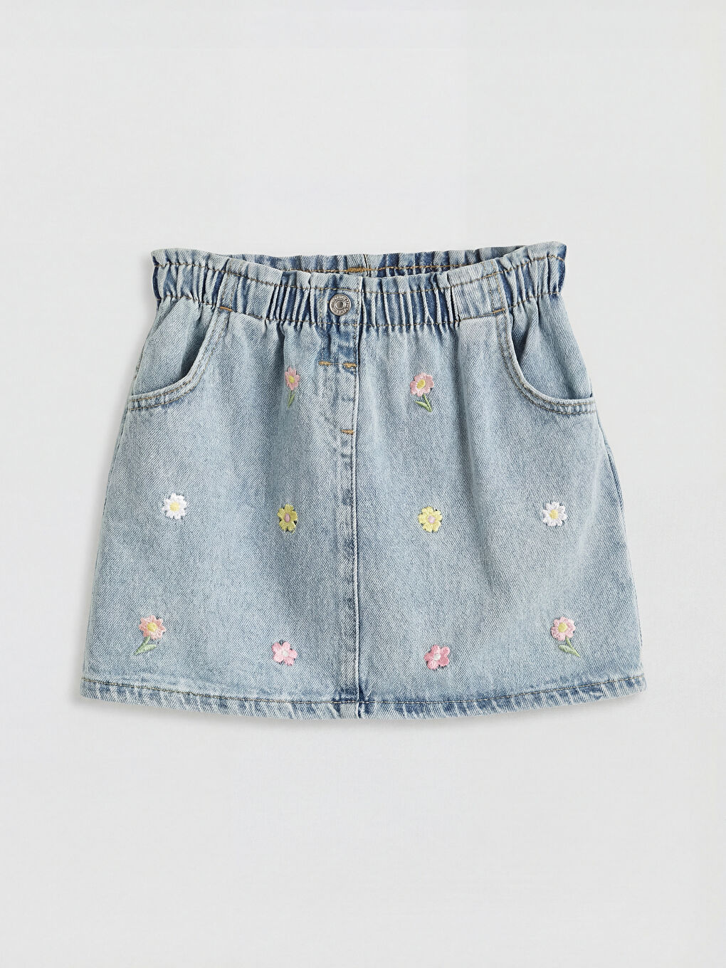 İndigo Çiçek Nakışlı Beli Lastikli Kız Çocuk Jean Etek