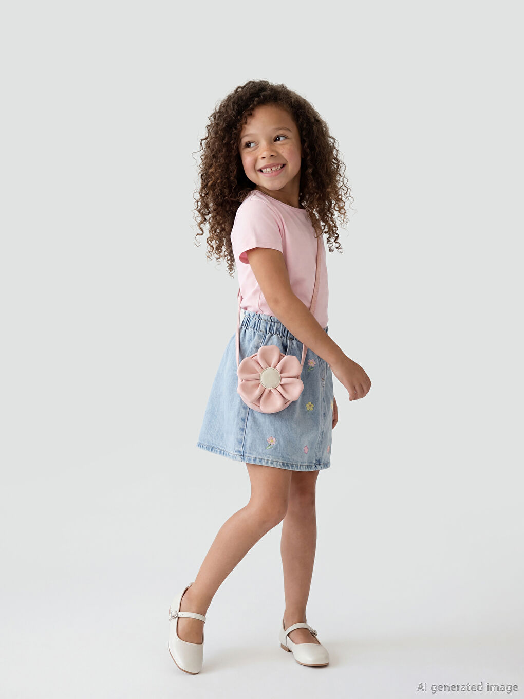 Fustă din Denim pentru Fete cu Talie Elastică și Broderie Florală-1