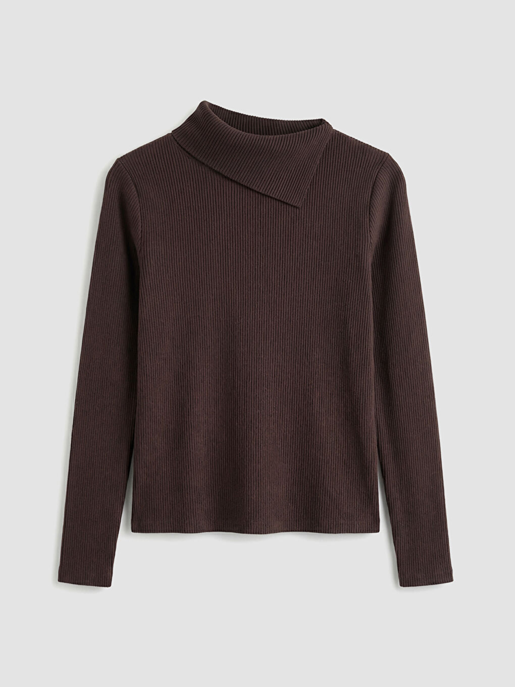 Kahverengi Asimetrik Dik Yaka Kadın Triko Kazak-4