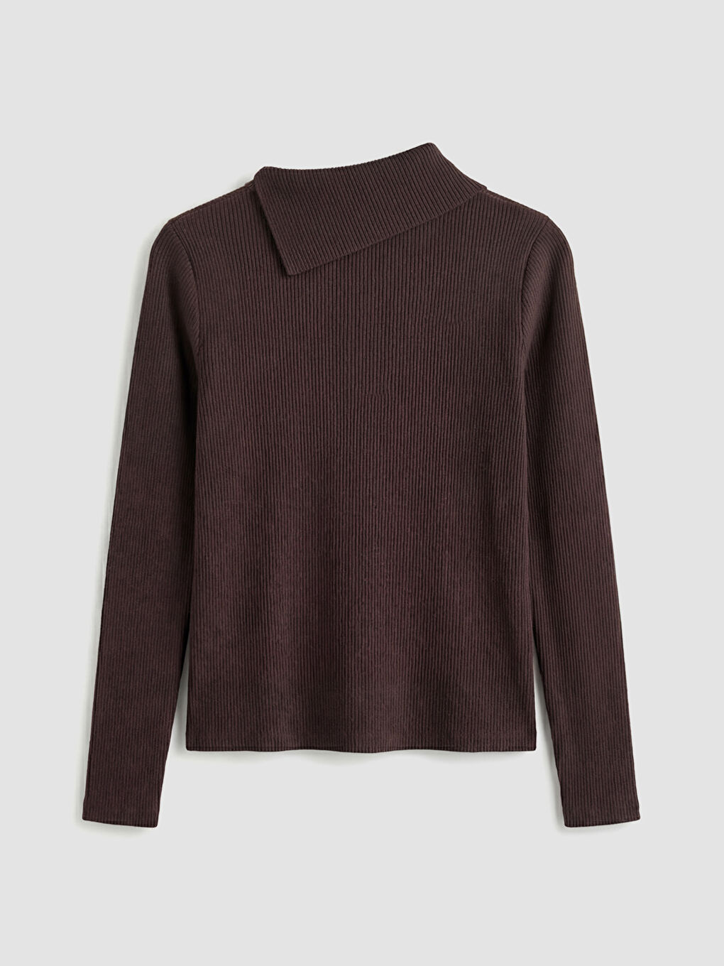 Kahverengi Asimetrik Dik Yaka Kadın Triko Kazak-5