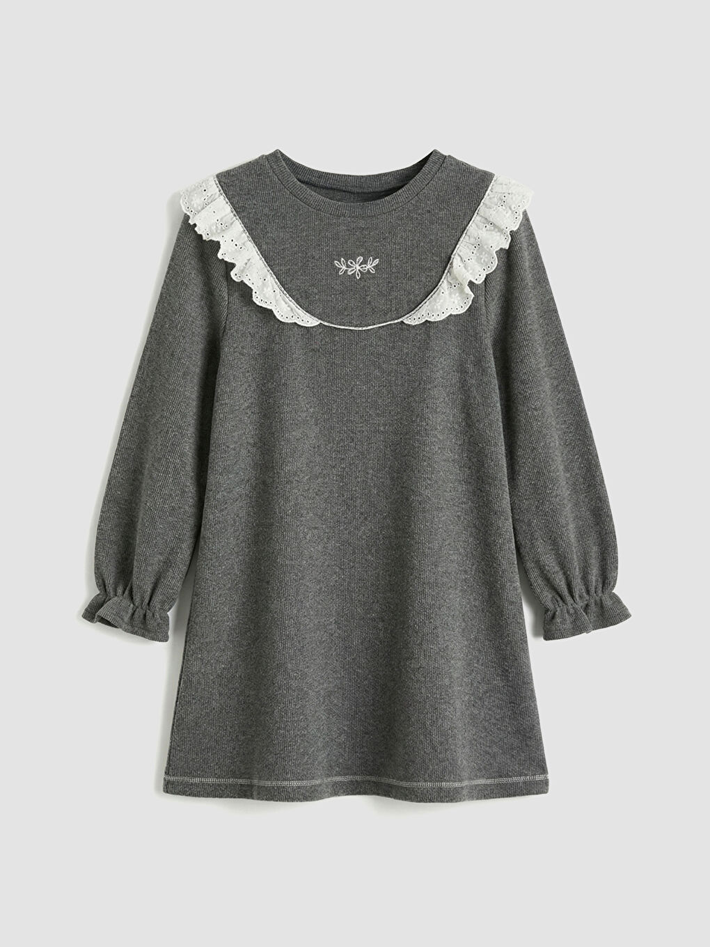 Antrasit Bisiklet Yaka Nakışlı Kız Çocuk Elbise