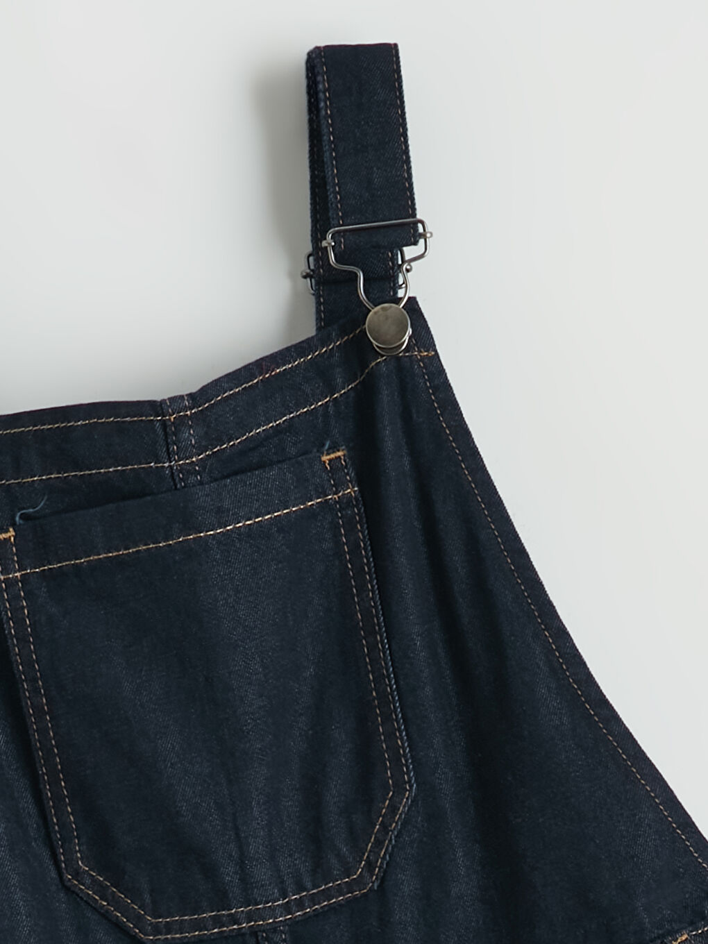 İndigo Kare Yaka Beli Kemerli Jean Salopet Elbise-5