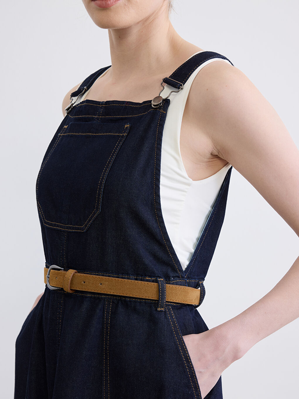 İndigo Kare Yaka Beli Kemerli Jean Salopet Elbise-2