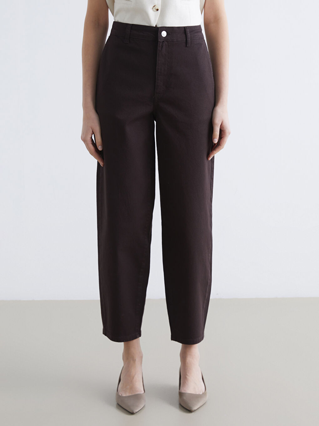 Kahverengi Barrel Fit Kadın Jean Pantolon-1