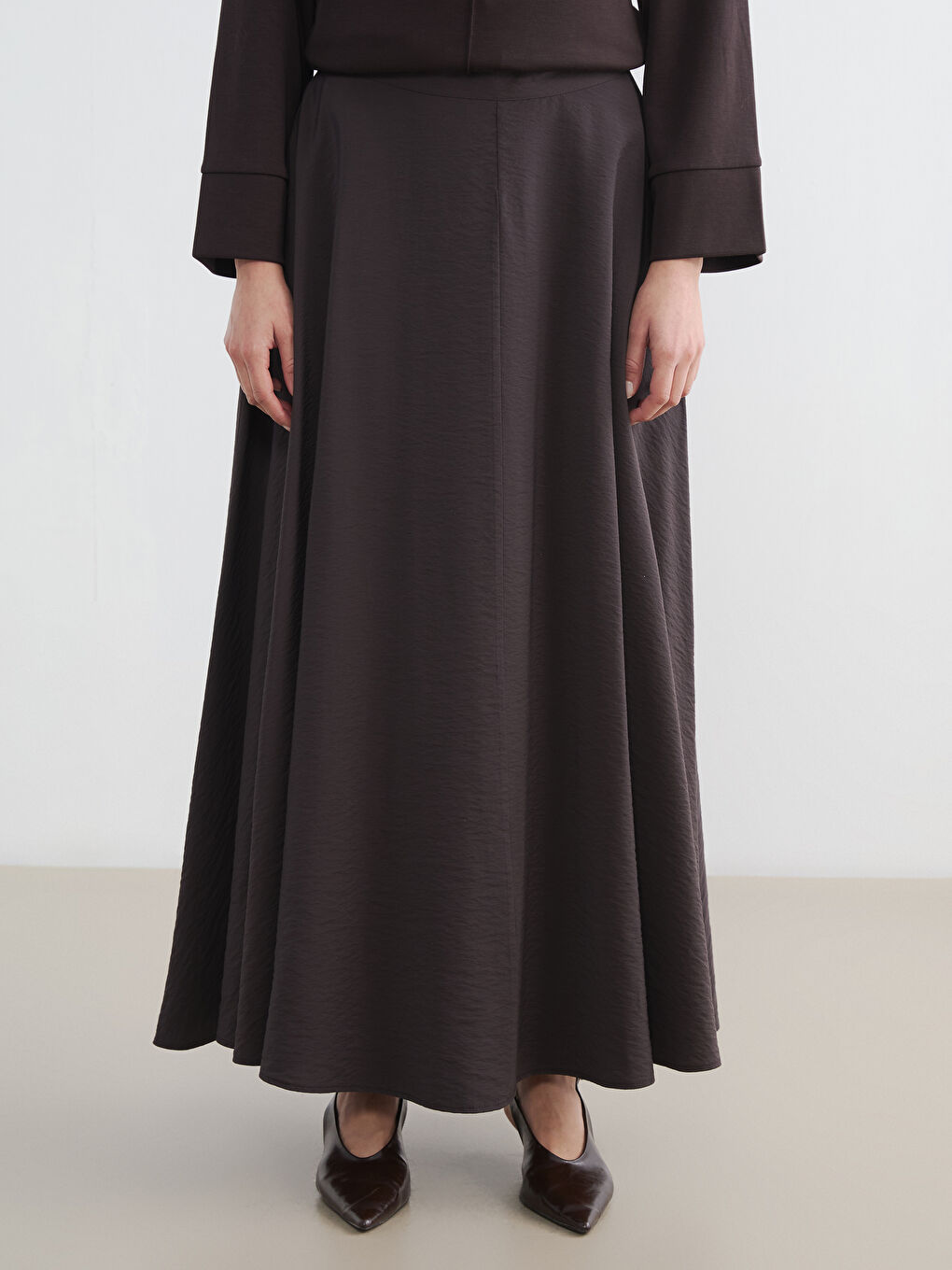 Kahverengi Beli Fermuarlı Kloş Etek-1