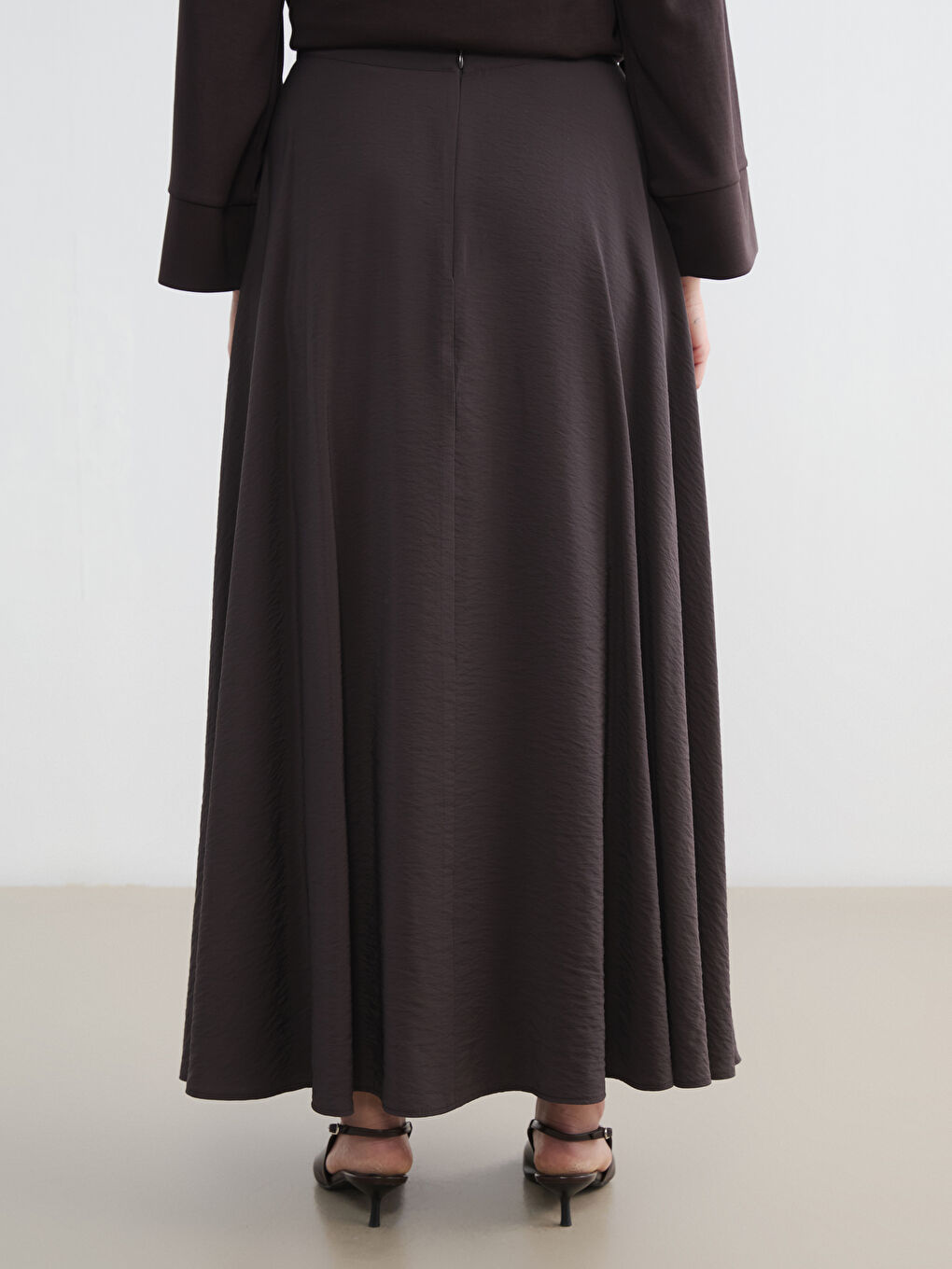 Kahverengi Beli Fermuarlı Kloş Etek-3