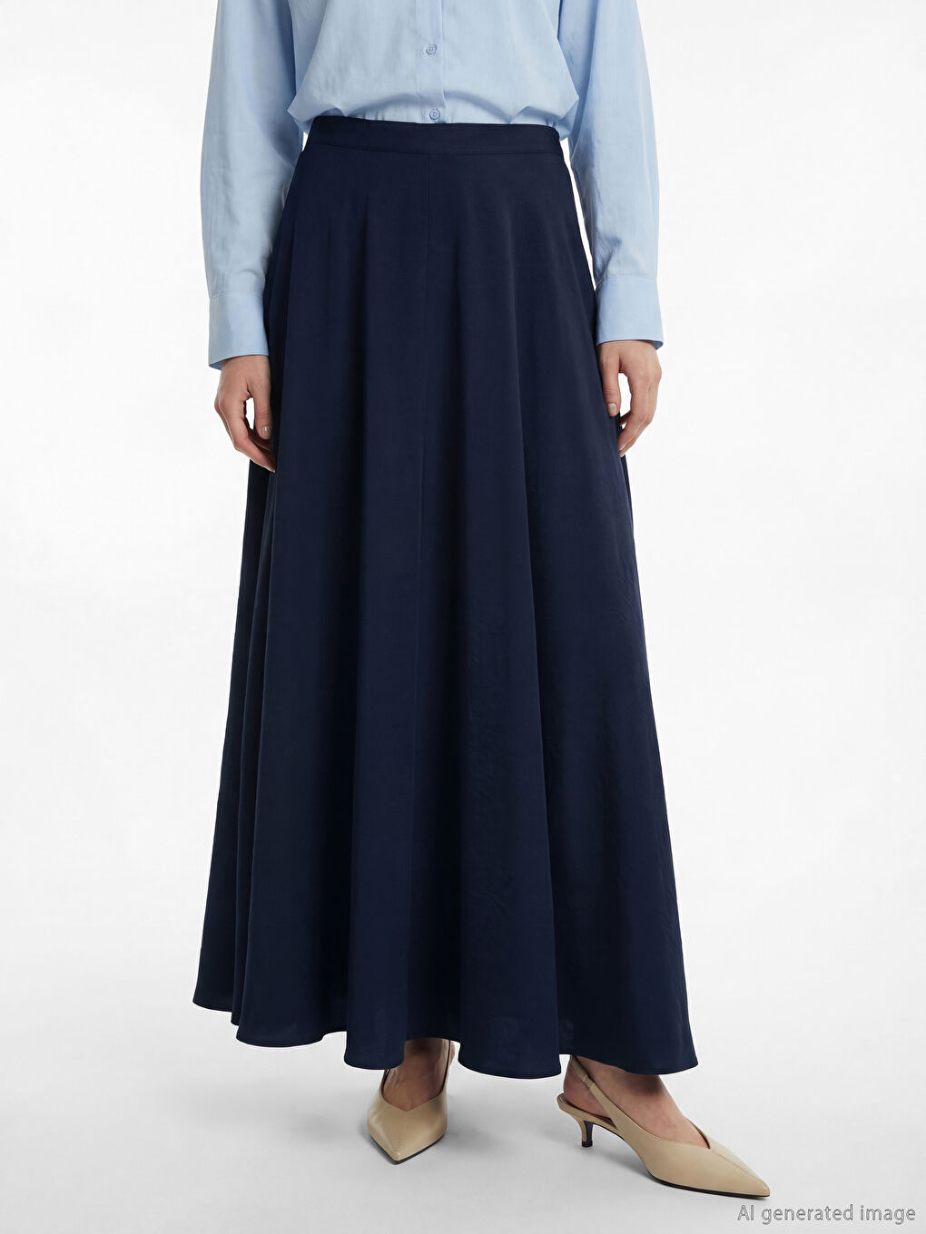 Lacivert Beli Fermuarlı Kloş Etek-1